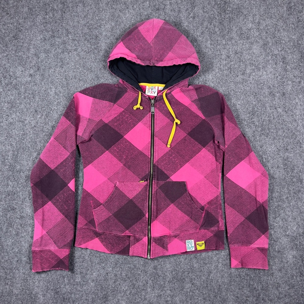 Roxy Full Zip Hoodie Womens Large Pink Purple Buffalo Plaid Y2K Skater Logo